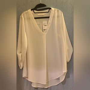 LUSH Medium Ivory Split Neck Roll Sleeve Tunic Blouse T14498
